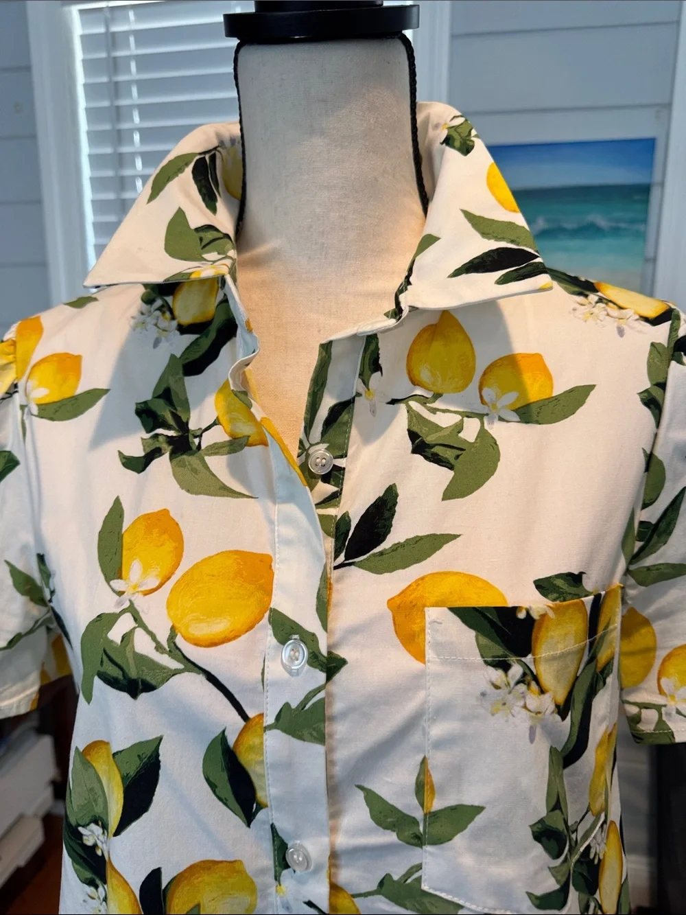 Cynthia Rowley White Lemon-Print Short-Sleeve Shirt